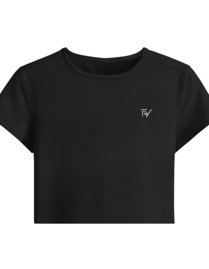 Fourthwave black cropped baby tee with embroidered FW logo