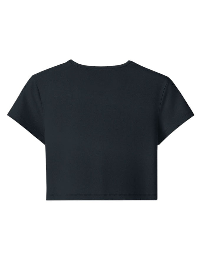 Fourthwave black cotton spandex baby tee, cropped fit, bio-washed for softness. Breathable and stretchy.