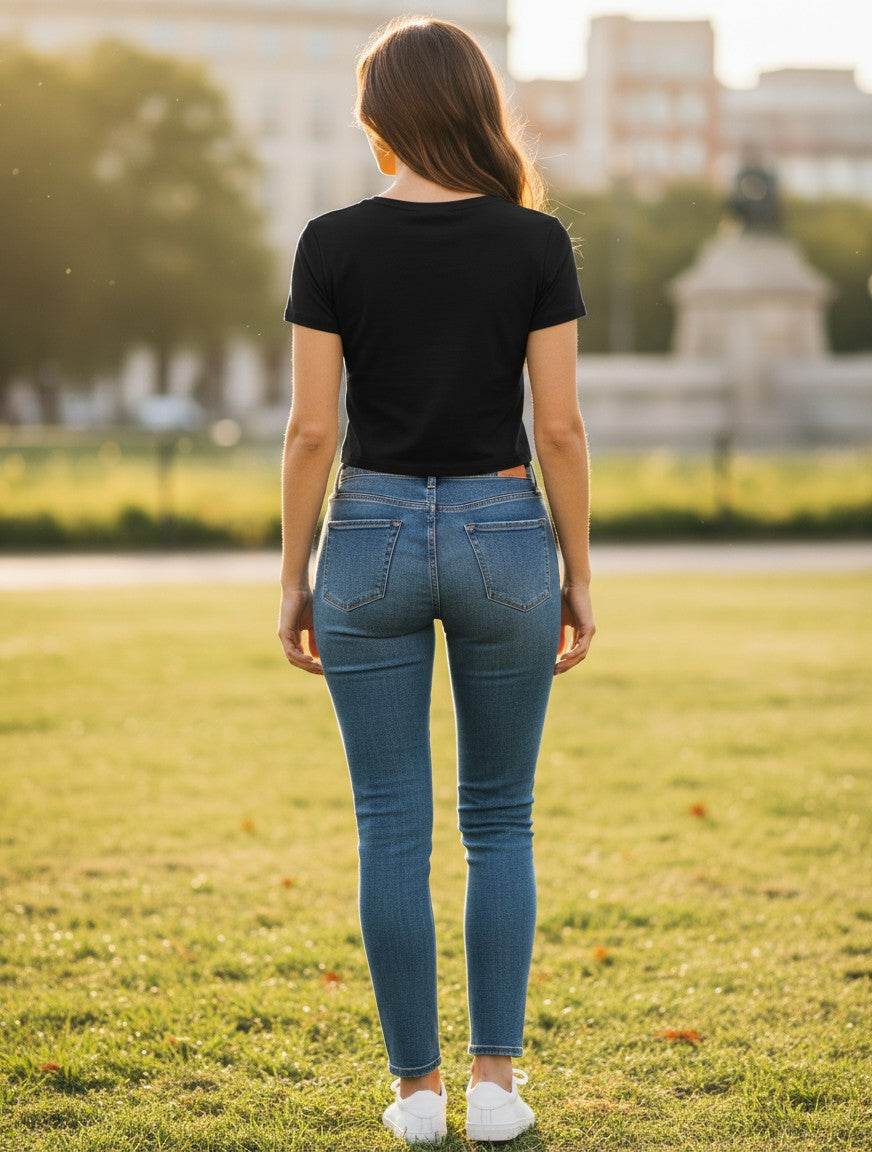 Fourthwave black cotton-spandex baby tee with a cropped fit and bio-wash finish.