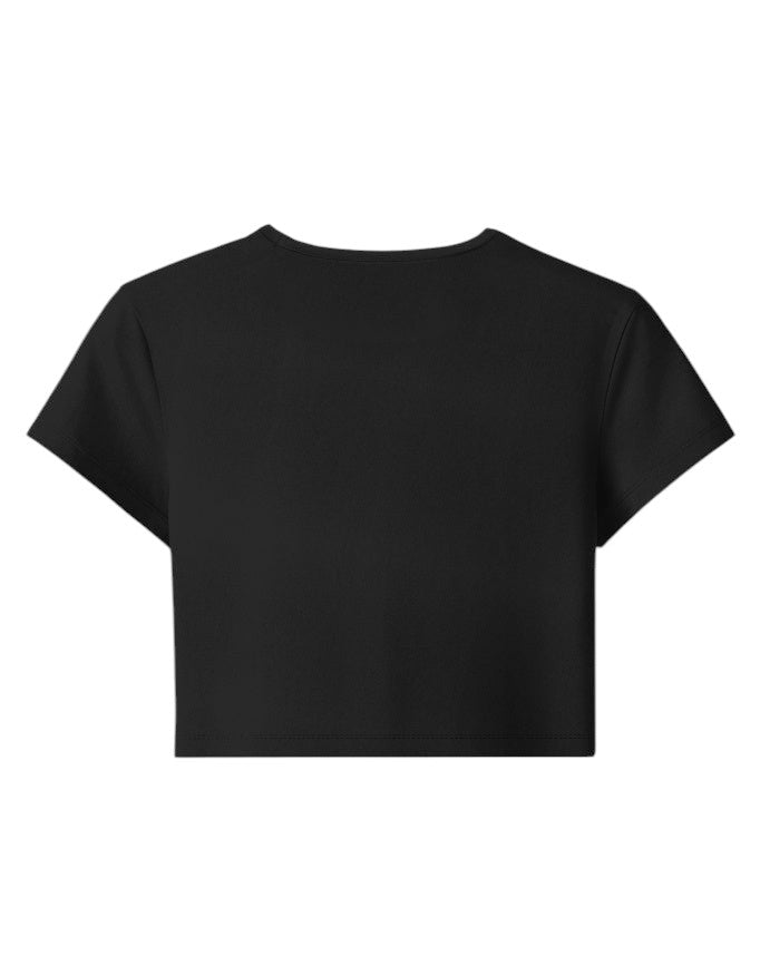 Fourthwave black cotton-spandex baby tee with a cropped fit and bio-wash finish for softness.