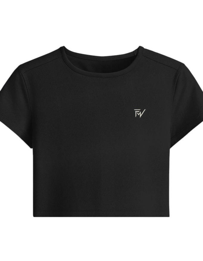 Fourthwave black cotton spandex baby tee with embroidered logo. Cropped, short-sleeve, bio-washed for softness.