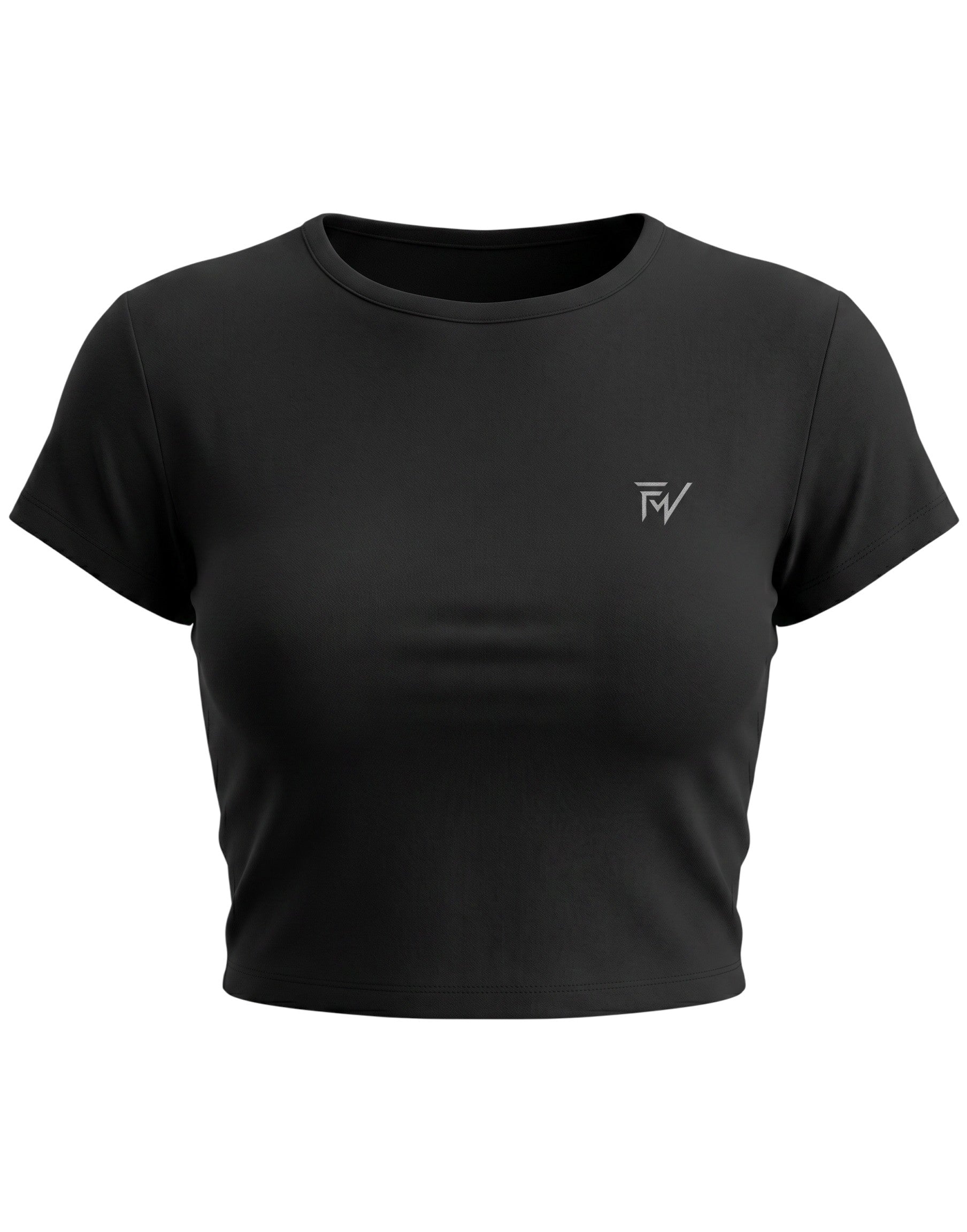 Fourthwave black cropped baby tee made from 95% cotton and 5% spandex blend with a bio-wash finish.