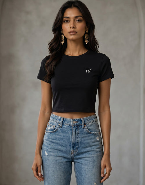 Fourthwave black cropped baby tee made from a soft 240 GSM blend of 95% cotton and 5% spandex with a bio-wash finish.