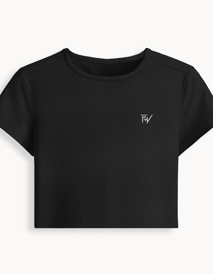 Fourthwave black cropped baby tee made from a 240 GSM blend of 95% cotton and 5% spandex, featuring a bio-wash finish and a small logo.