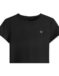 Fourthwave black cropped baby tee with embroidered logo, made from 95% cotton and 5% spandex blend.