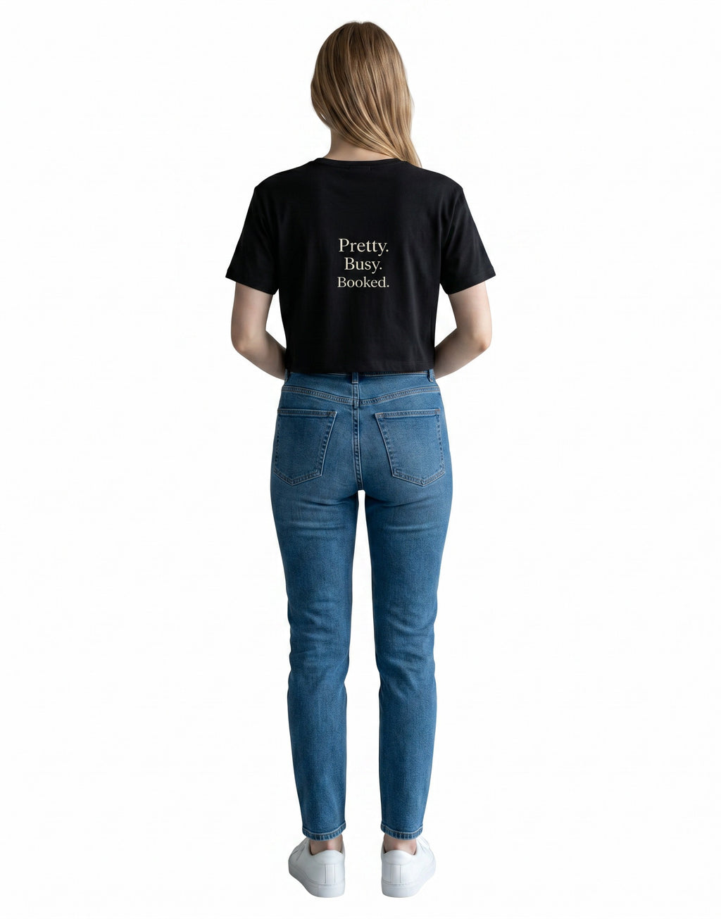 Fourthwave black cropped baby tee with "Pretty. Busy. Booked." text in white, made of 95% cotton and 5% spandex.