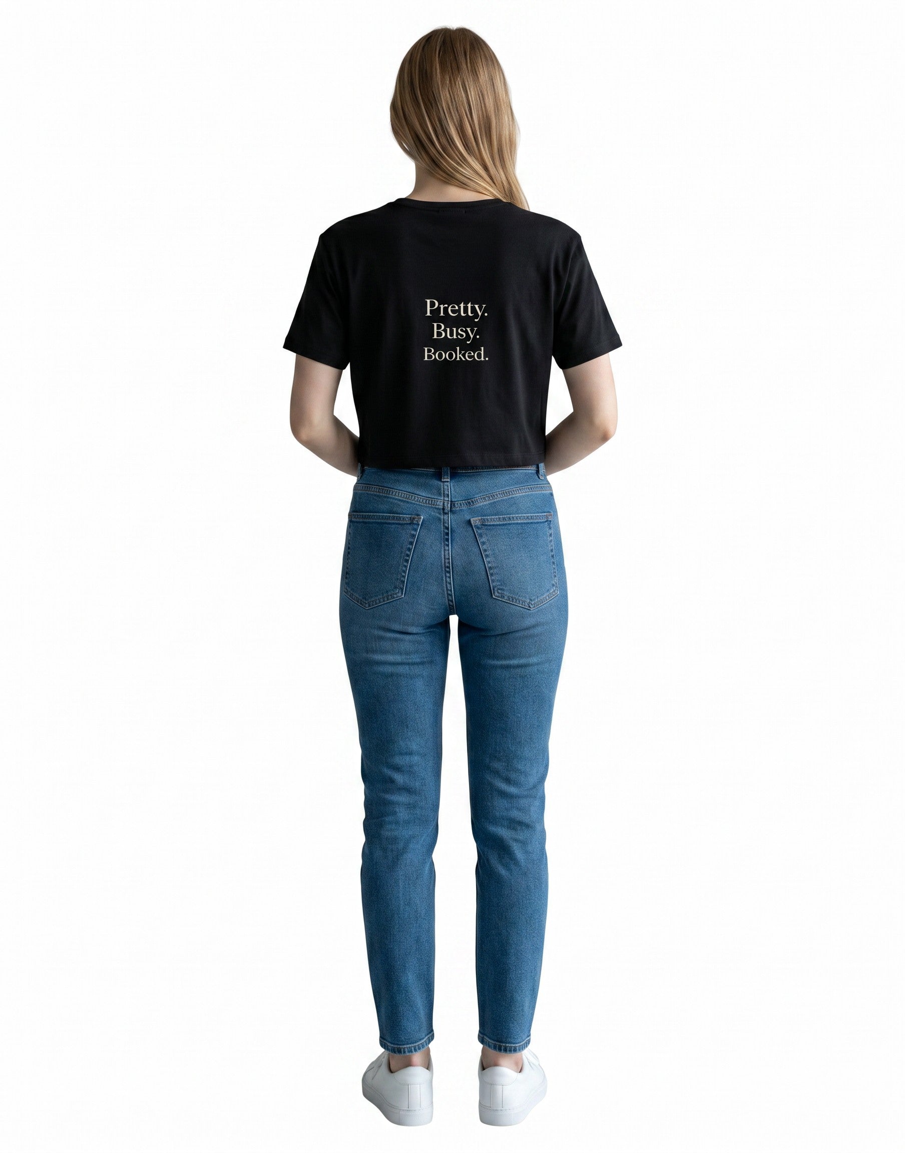 Fourthwave black cropped baby tee with "Pretty. Busy. Booked." text in white, made of 95% cotton and 5% spandex.