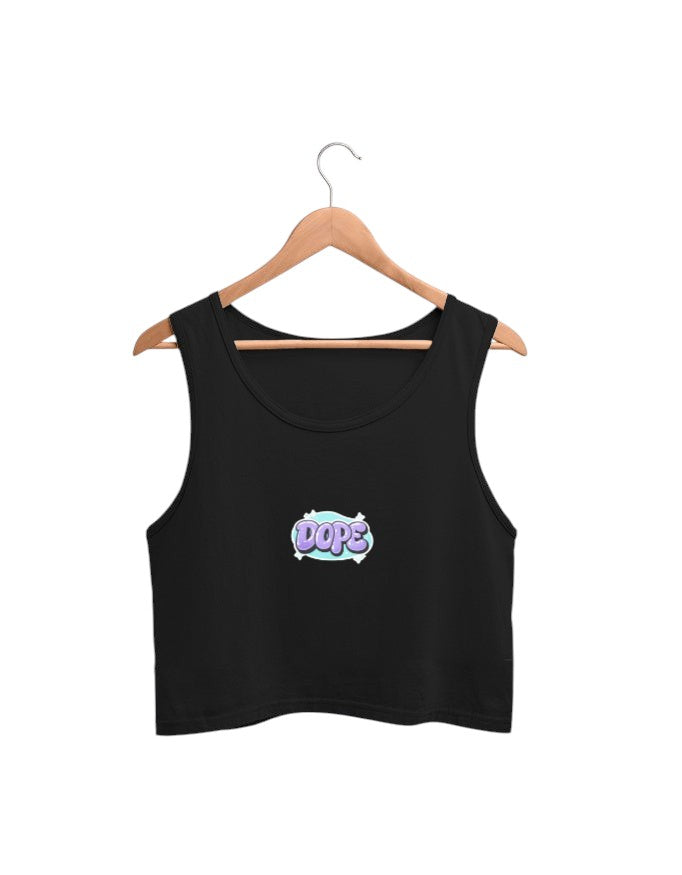 Fourthwave black cotton cropped tank top with a 'DOPE' graphic in pastel bubble letters.