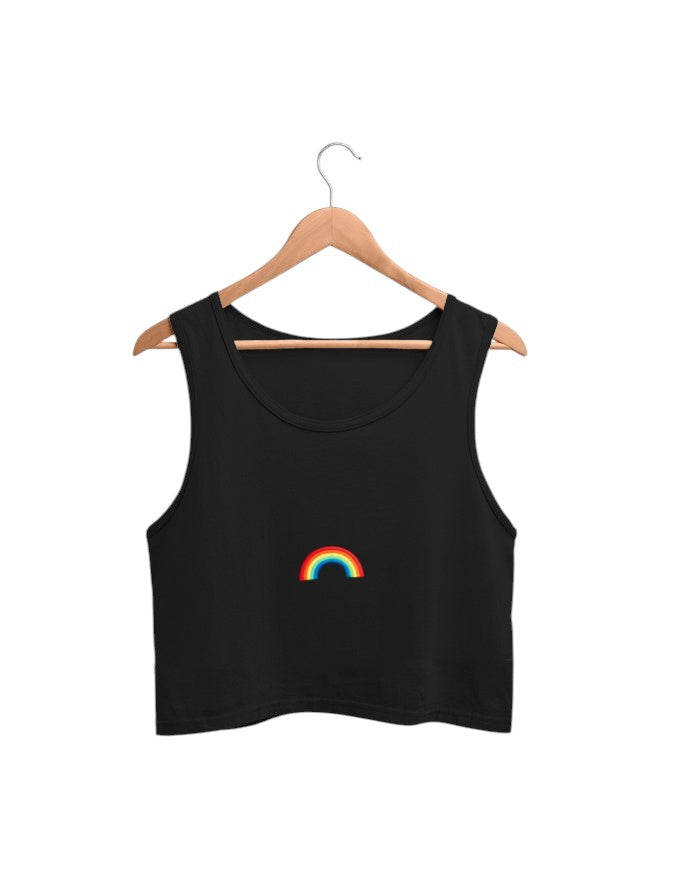 Fourthwave black cotton cropped tank top with a small rainbow graphic on the chest.