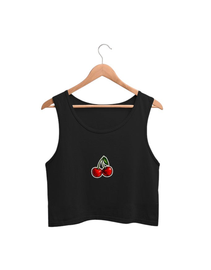 Fourthwave black cotton cropped tank top with a cherry graphic print. Sleeveless, crew neck.
