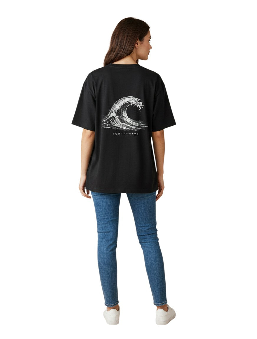 Fourthwave black 100% cotton oversized t-shirt with a white wave graphic and logo on the back.