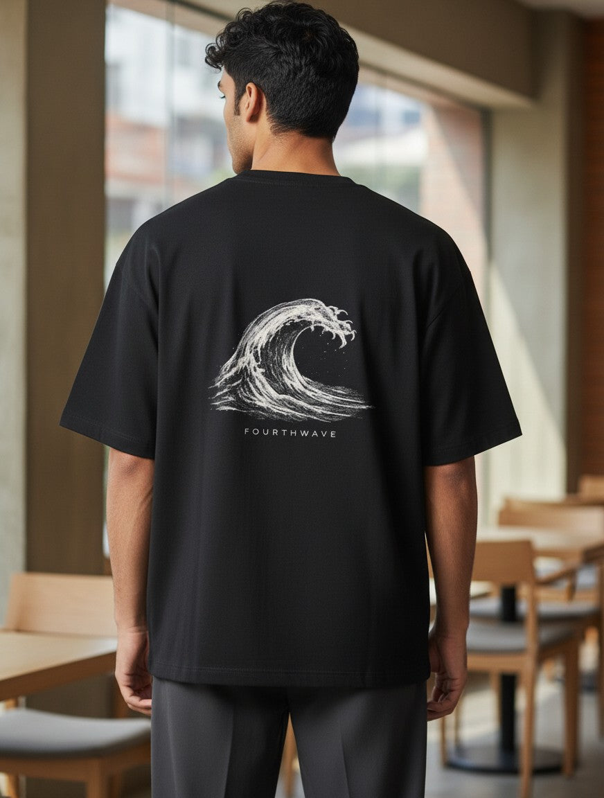 Fourthwave black 100% cotton oversized t-shirt with a white wave graphic and logo on the back.