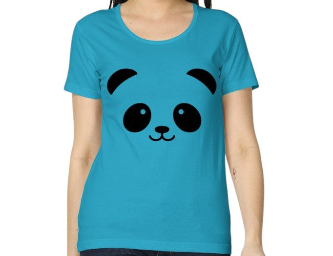 Fourthwave women's classic fit t-shirt in bright blue with a black panda face graphic. 100% cotton.