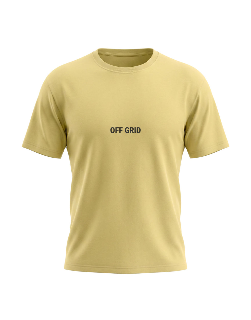 Fourthwave unisex classic crew neck t-shirt in light yellow 100% cotton with "OFF GRID" text graphic on chest.