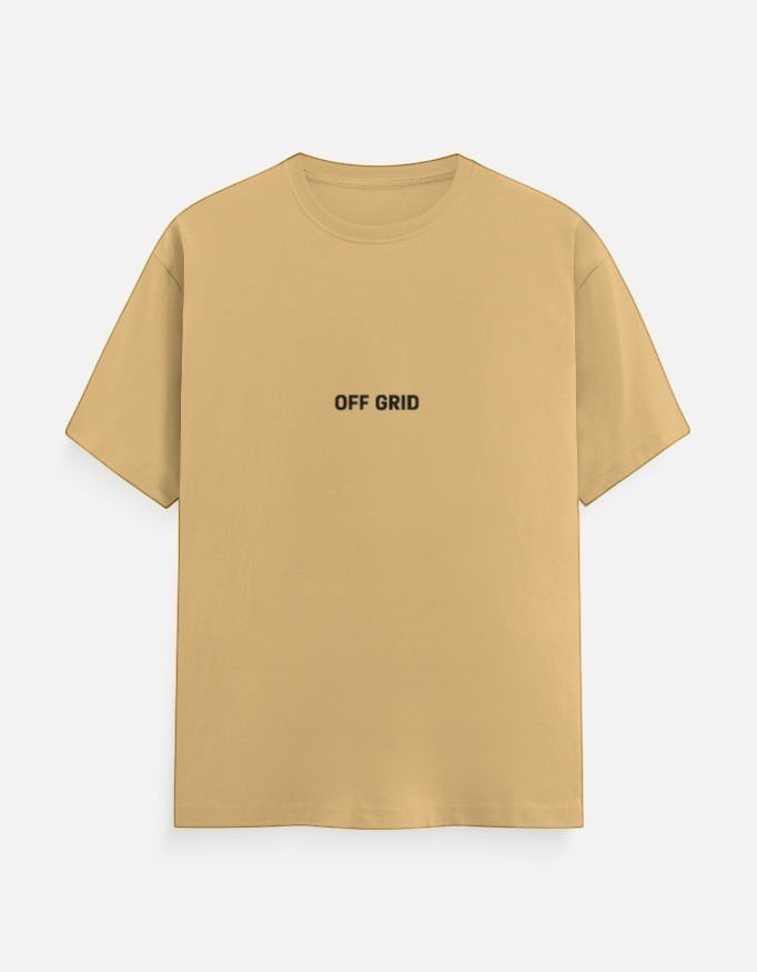 Fourthwave Unisex Classic Crew T-Shirt in tan 100% cotton with "OFF GRID" printed on the chest.