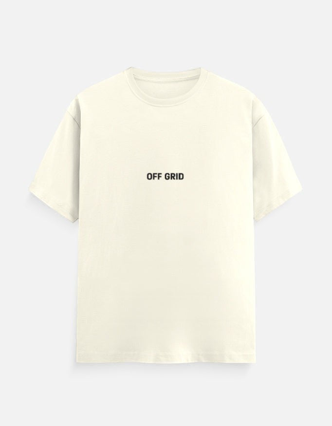 Fourthwave Unisex Classic Crew T-Shirt in cream 100% cotton with "OFF GRID" printed on the chest.
