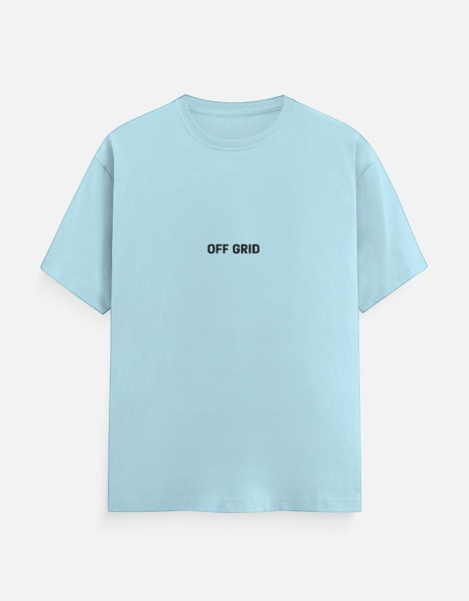 Fourthwave Unisex Classic Crew T-Shirt in light blue 100% cotton with "OFF GRID" printed on the chest.