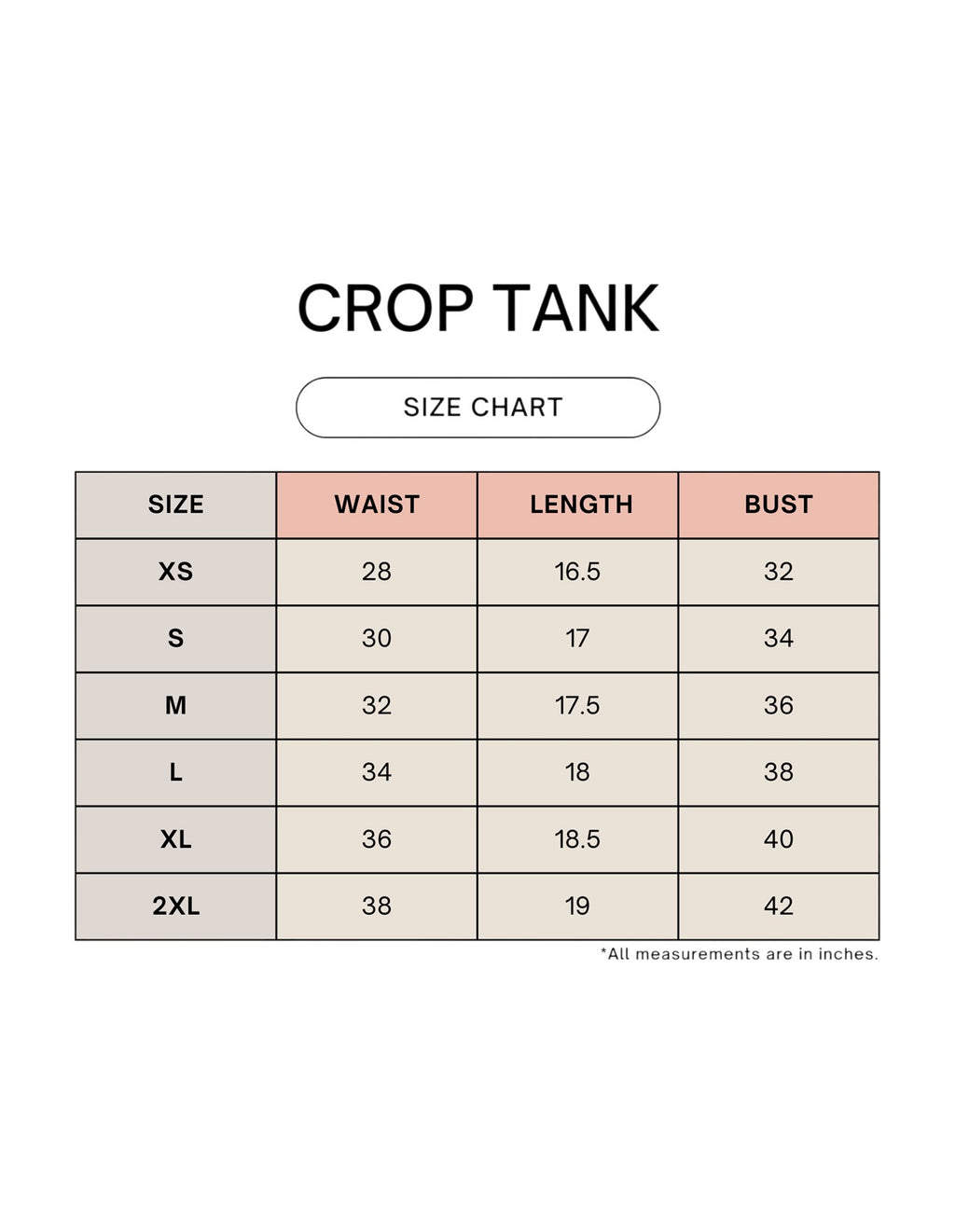Fourthwave crop tank size chart with measurements for size, waist, length, and bust.