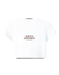 Fourthwave white cropped t-shirt with "SOFTLY EXPENSIVE Luxury isn't loud." text graphic on front. Cotton blend.