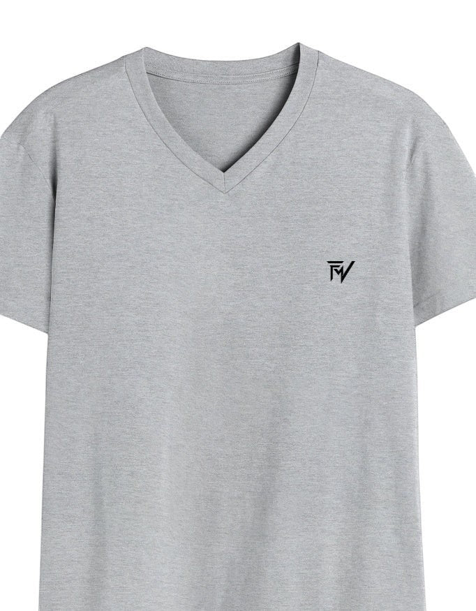 Fourthwave grey 100% cotton unisex V-neck t-shirt with small black logo on chest. Smooth knit fabric.