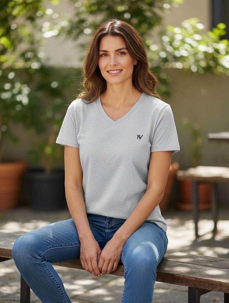 Fourthwave grey 100% cotton unisex V-neck t-shirt with small black logo graphic on chest.