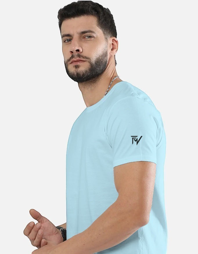 Fourthwave light blue 100% cotton unisex crew neck t-shirt with small black logo on sleeve.