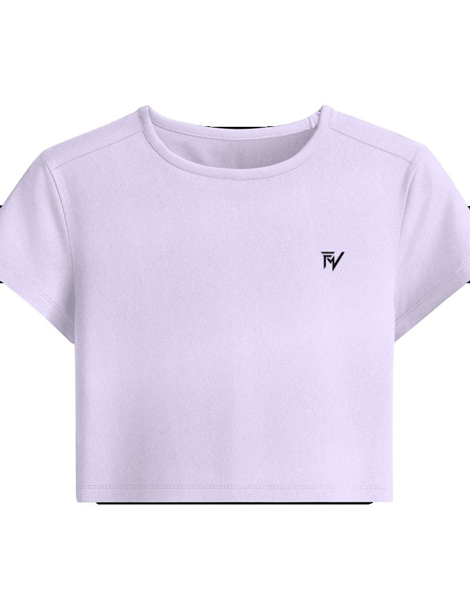 Fourthwave lilac cropped t-shirt with crew neck and embroidered logo on chest.