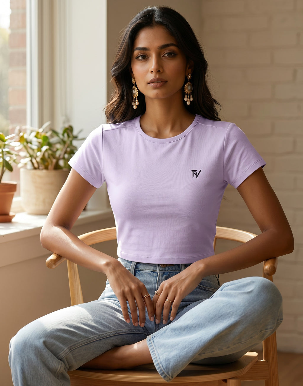 Fourthwave pastel lilac cropped t-shirt with crew neck and embroidered logo on chest.