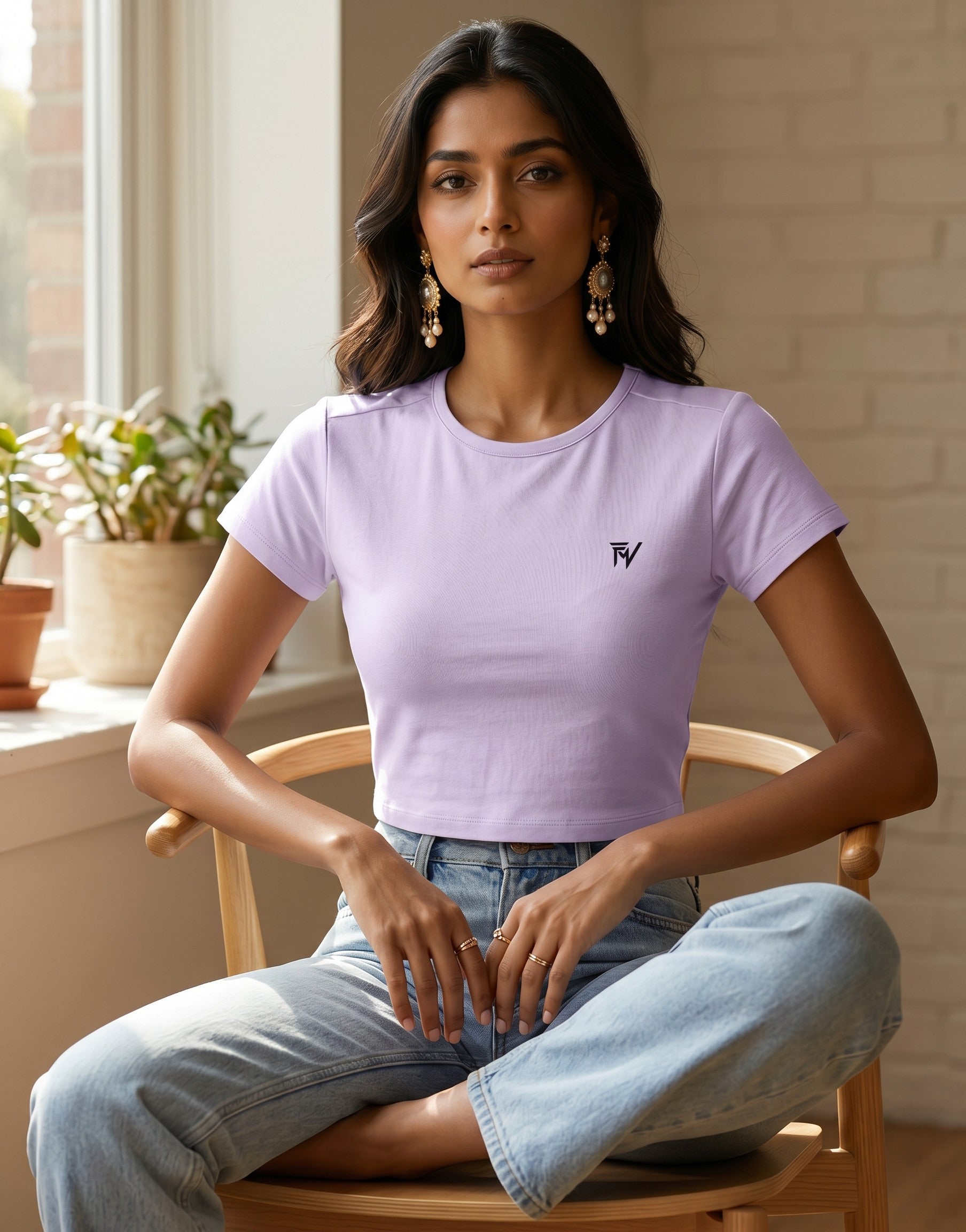 Fourthwave pastel lilac cropped t-shirt with crew neck and embroidered logo on chest.