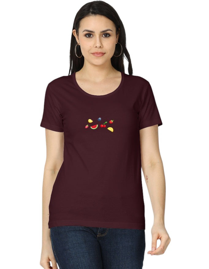 Fourthwave women's classic t-shirt in maroon, made of 100% cotton, featuring a small embroidered fruit graphic.