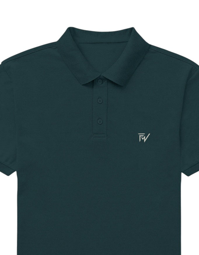 Fourthwave men's dark teal 100% cotton polo shirt with textured finish, structured collar, and embroidered logo.