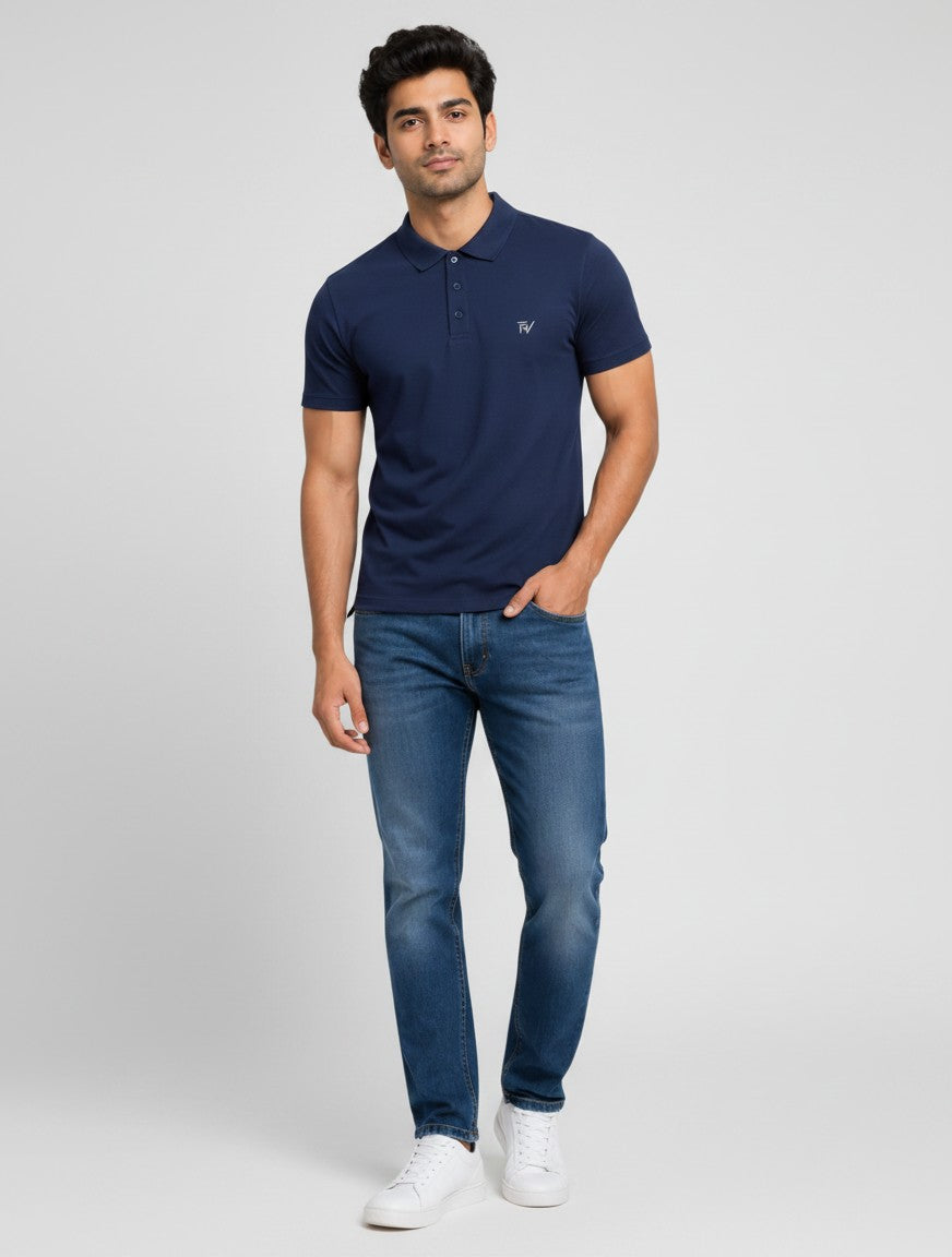 Fourthwave men's navy blue 100% cotton polo shirt with a structured collar and embroidered logo.