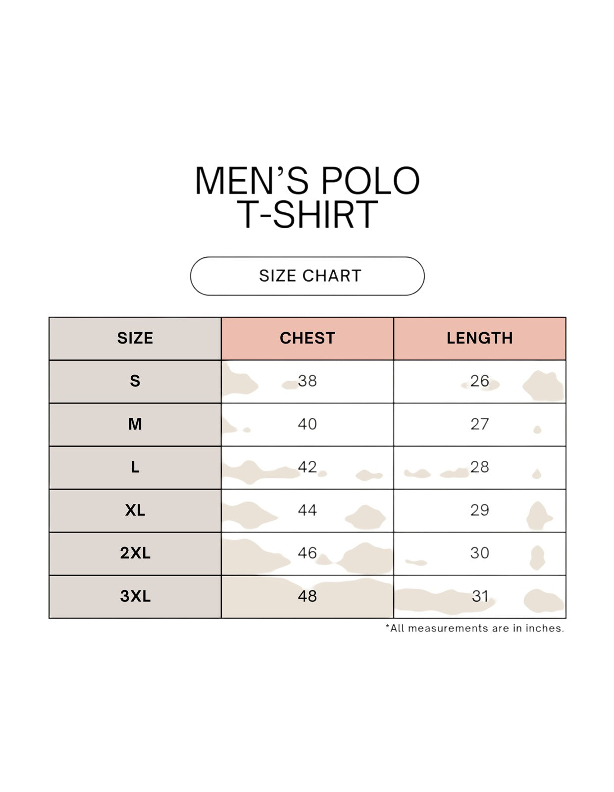 Fourthwave men's polo t-shirt size chart with chest and length measurements in inches.