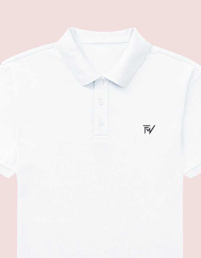 Fourthwave Men's white 100% cotton polo shirt with textured finish, structured collar, and embroidered logo.