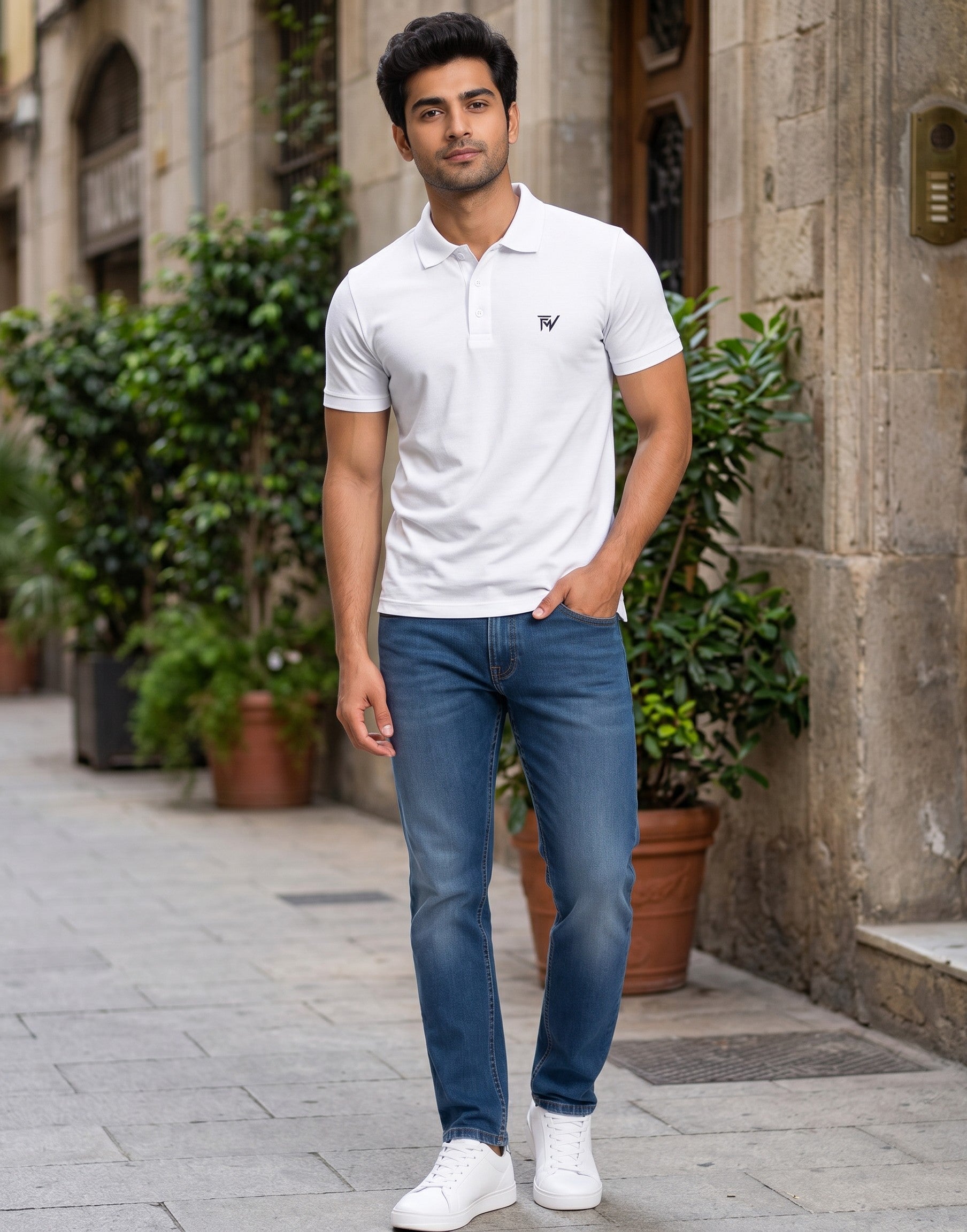 Fourthwave white 100% cotton men's polo shirt with textured finish and structured collar.