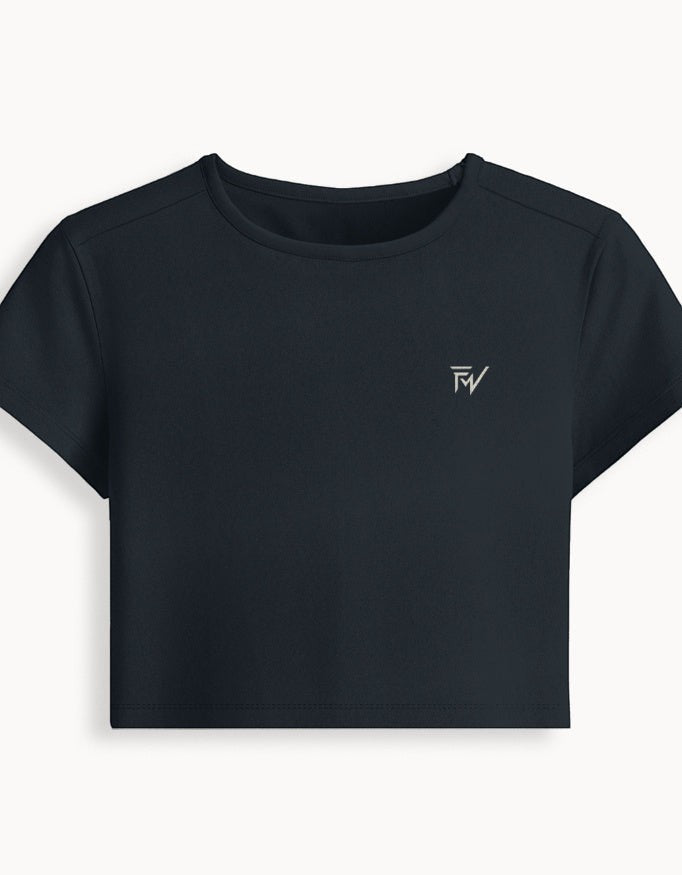 Fourthwave navy blue cropped baby tee made from 95% cotton and 5% spandex with a bio-wash finish.