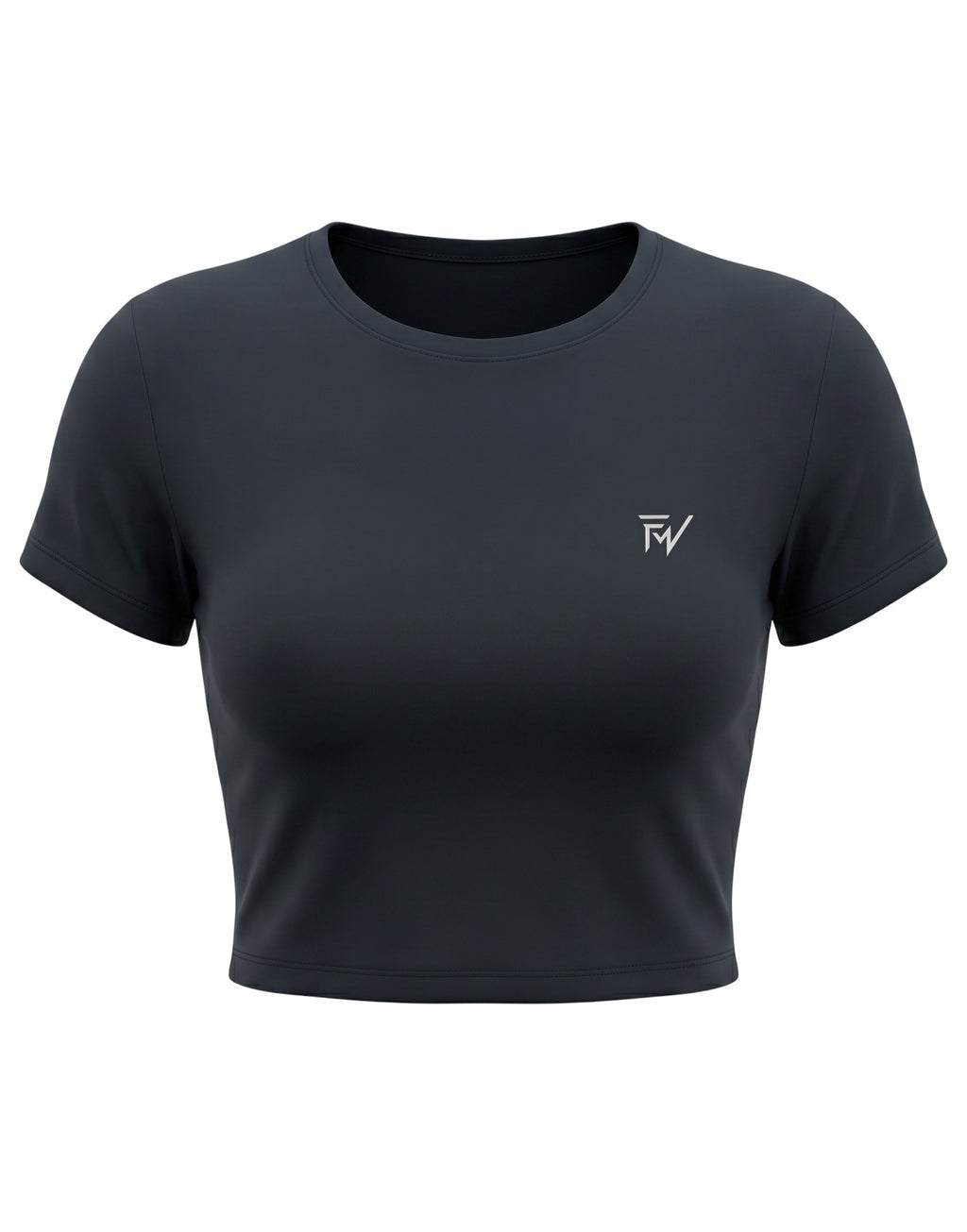 Fourthwave navy blue cropped baby tee made from 95% cotton and 5% spandex with a bio-wash finish.