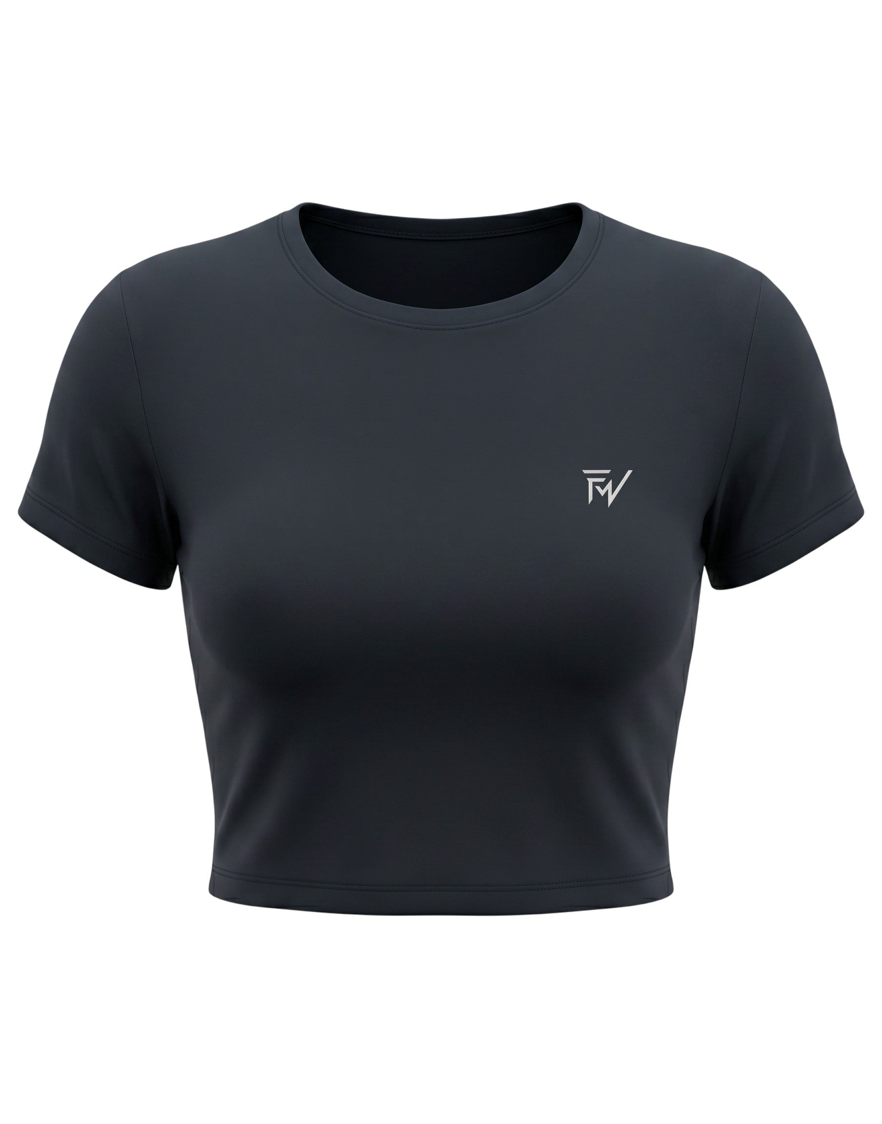 Fourthwave navy blue cropped baby tee made from 95% cotton and 5% spandex with a bio-wash finish.