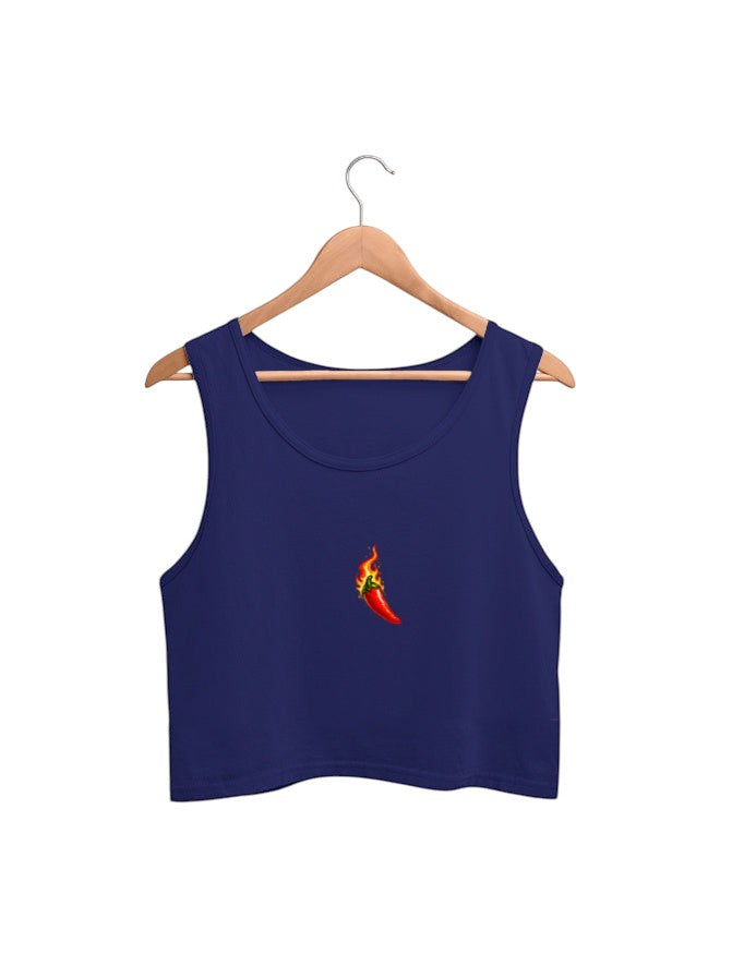 Fourthwave navy blue cotton crop tank top with a small embroidered chili pepper on fire graphic on the left chest.