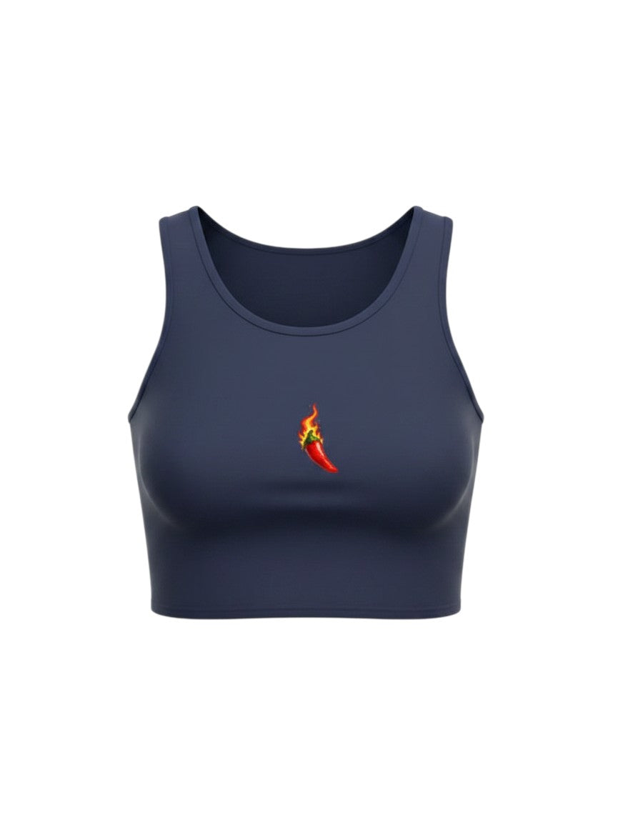 Fourthwave navy blue cotton crop tank top with a small embroidered chili pepper on fire graphic on the left chest.