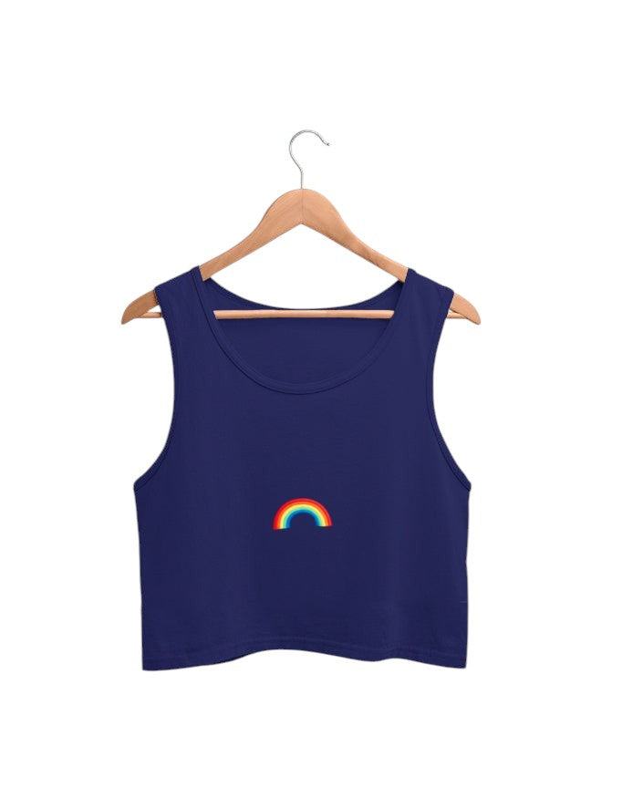 Fourthwave navy blue cotton crop tank top with a small rainbow graphic on the chest. Sleeveless with a scoop neck.