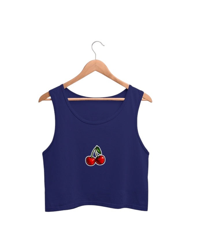 Fourthwave navy blue cotton crop tank top with a small cherry graphic on the chest.