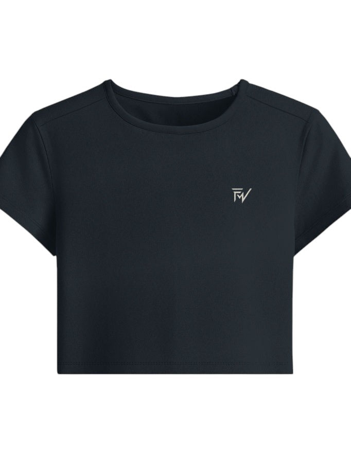 Fourthwave navy blue cropped baby tee made from a soft 240 GSM cotton-spandex blend with a bio-wash finish.