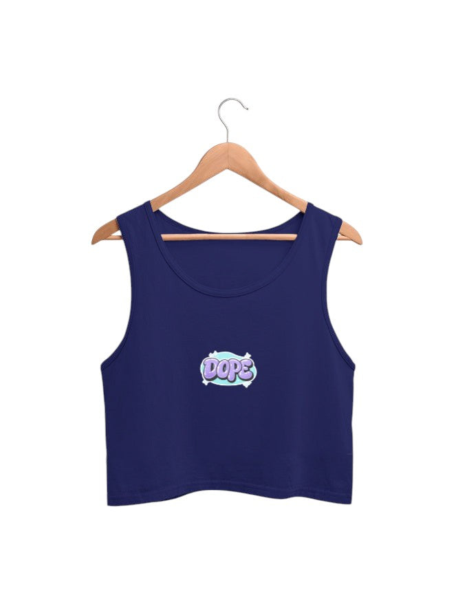 Fourthwave navy blue cotton cropped tank top with a "DOPE" graphic print on the chest.