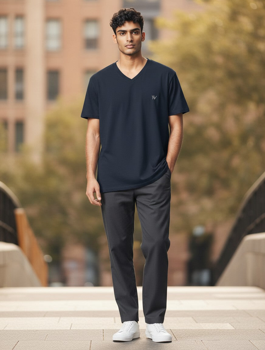 Fourthwave navy blue 100% cotton V-neck t-shirt with subtle FW embroidery on chest. Unisex fit.