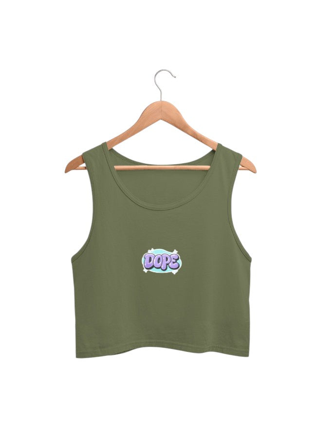 Fourthwave olive green cotton crop tank top with 'DOPE' graphic print on chest. Sleeveless, round neck.
