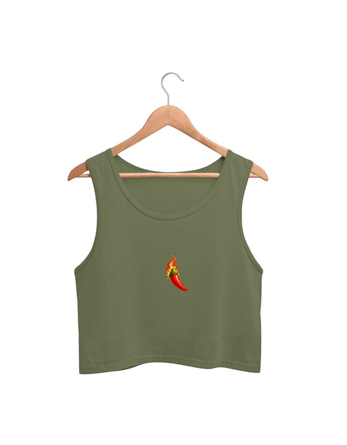 Fourthwave olive green cotton crop tank top with embroidered red chili pepper on fire graphic on chest. Sleeveless, crew neck.