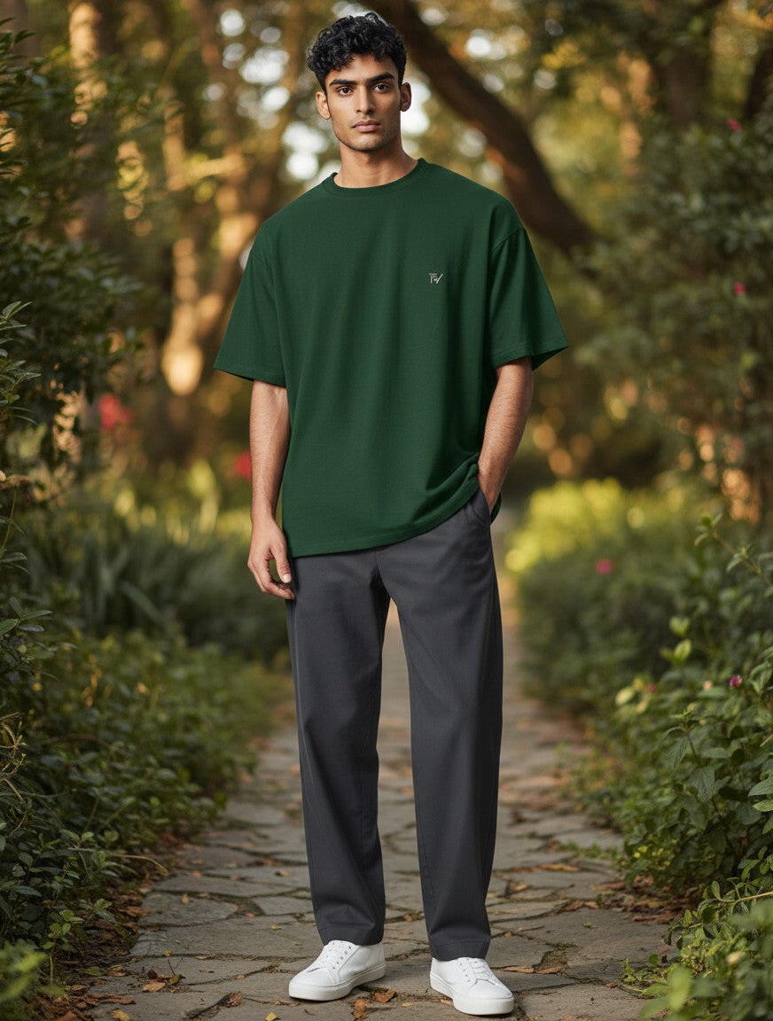 Fourthwave Unisex oversized classic t-shirt in dark green 100% cotton with embroidered logo on chest.