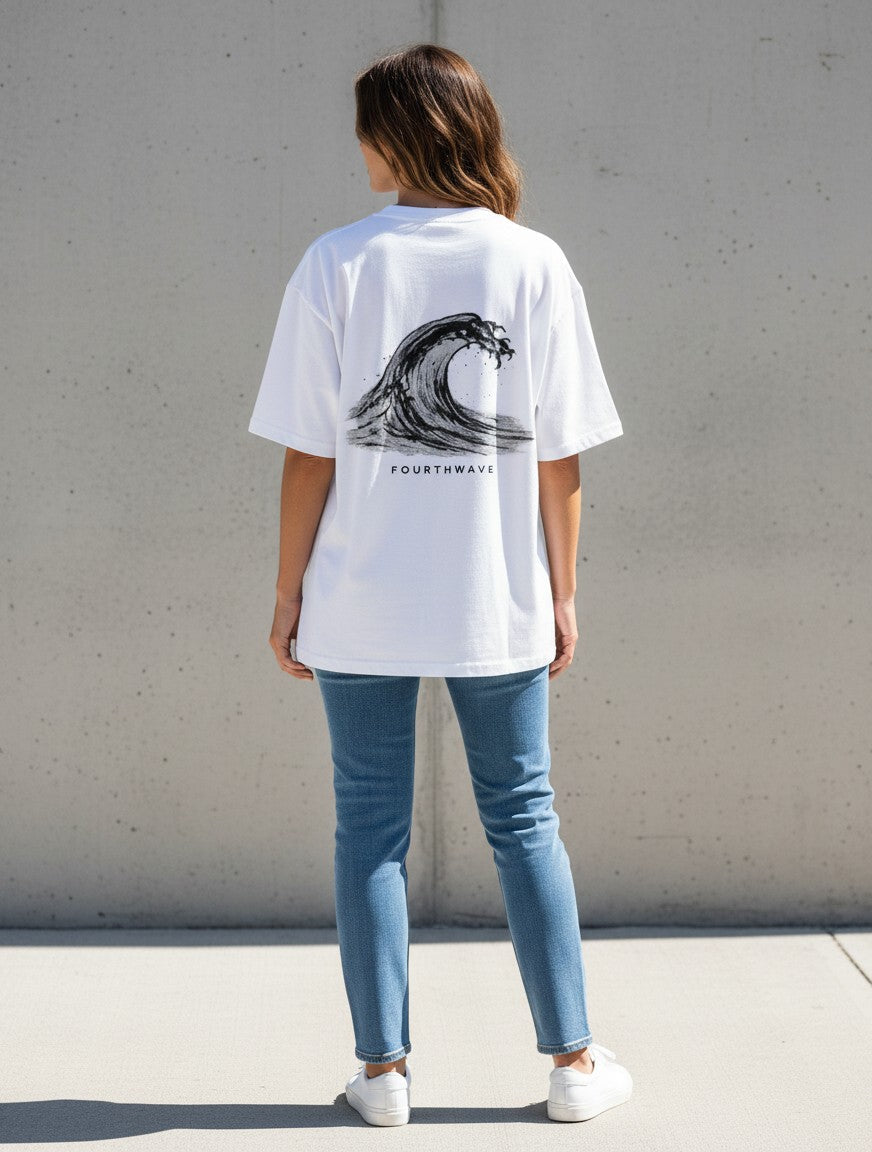 Fourthwave white 100% cotton oversized t-shirt with a black ink wave graphic and brand name below.