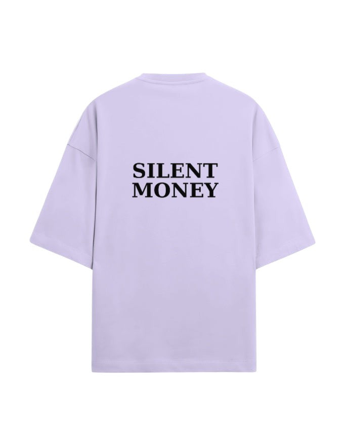 Fourthwave Unisex oversized tee in lavender terry knit cotton polyester with drop shoulders and black 'SILENT MONEY' graphic.
